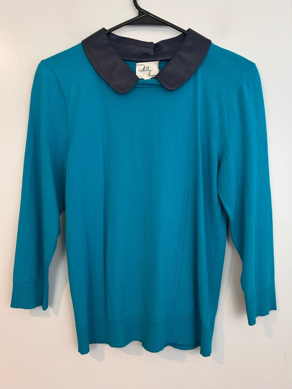 Milly Turquoise Blue Lambskin Removable Peter Pan Collar Pullover Top Size Large